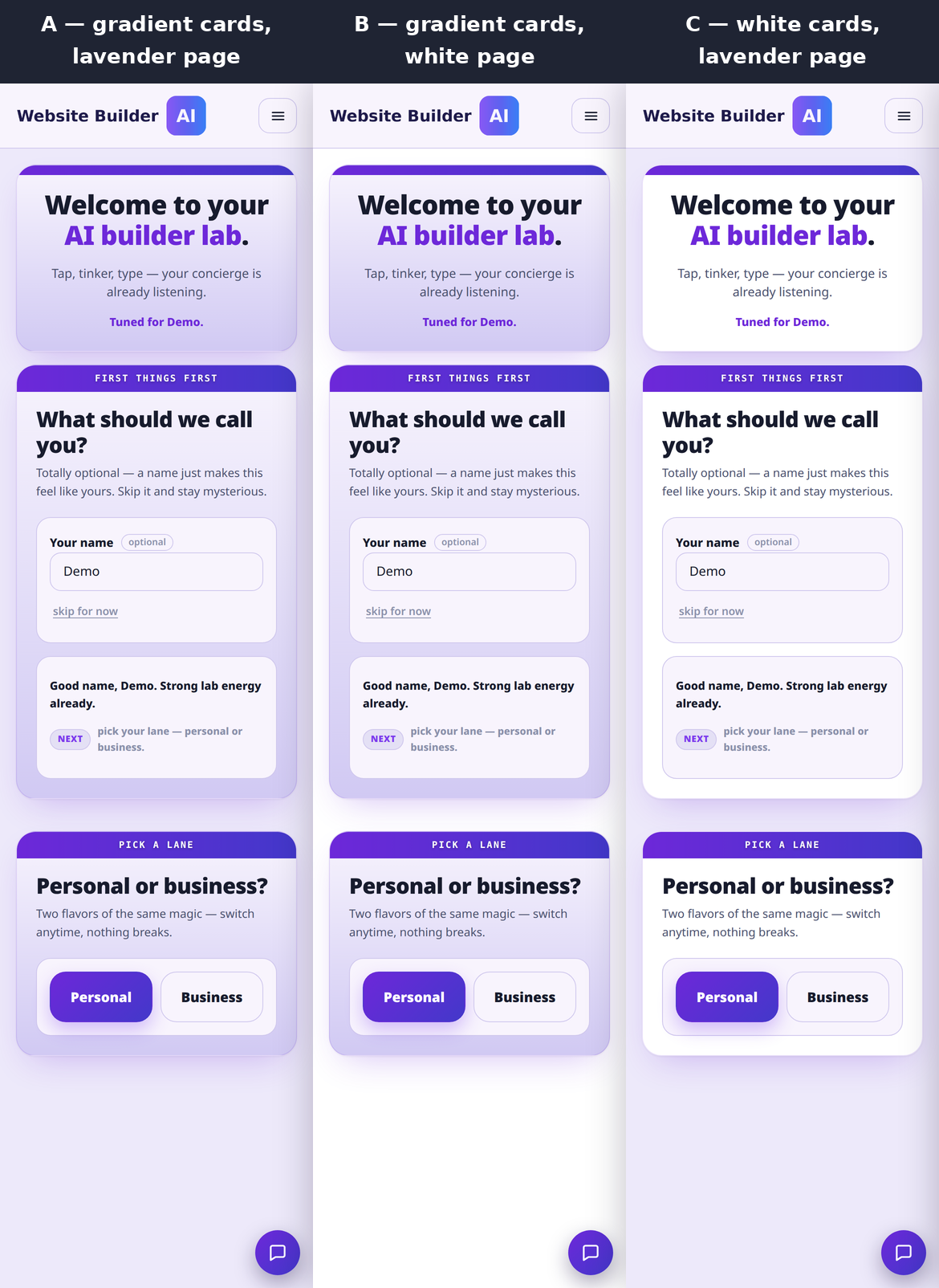 A/B/C side-by-side comparison